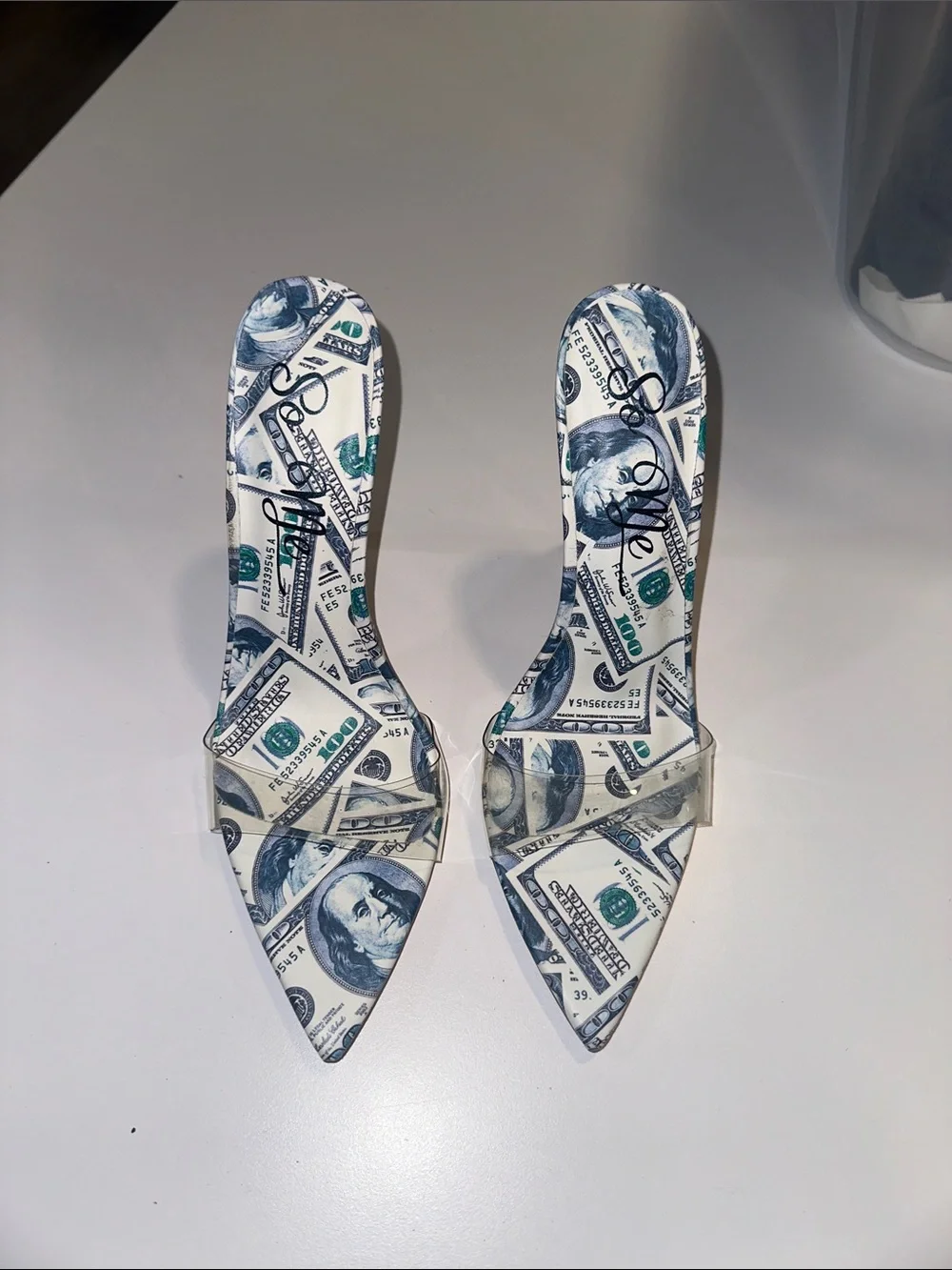 So Me Money Print Pointed Toe High Heel Slide - White/Green
